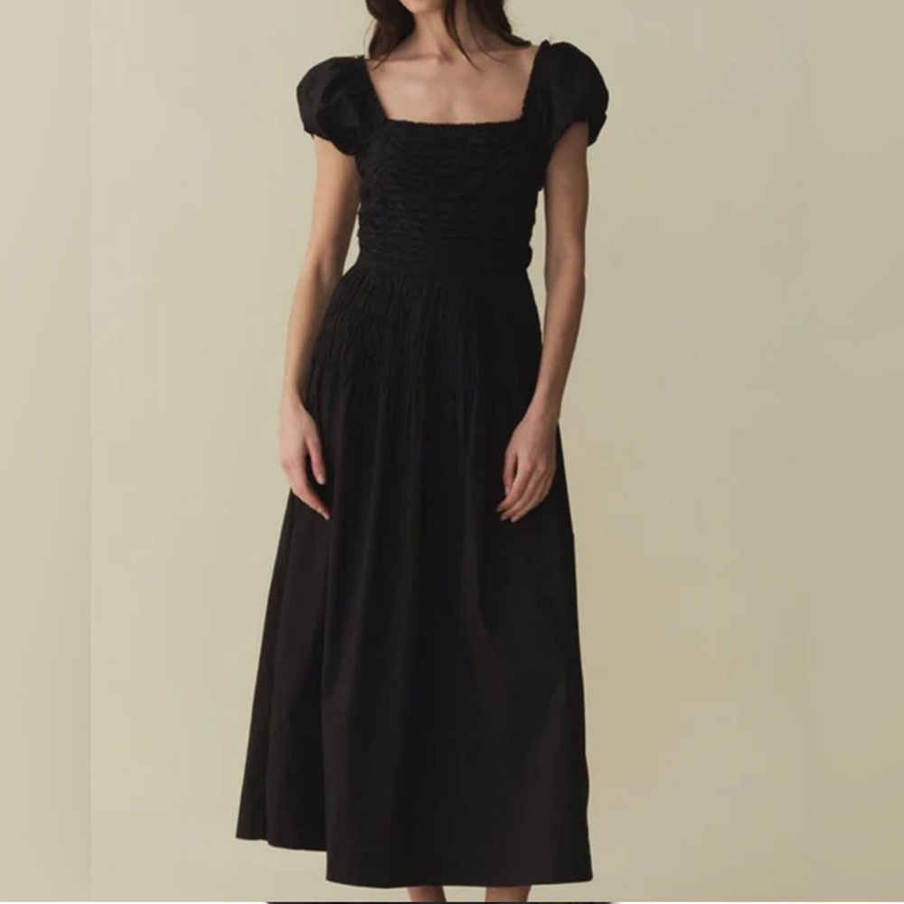 Caroline Constas Black Puff-Sleeve Smocked Midi Dress
